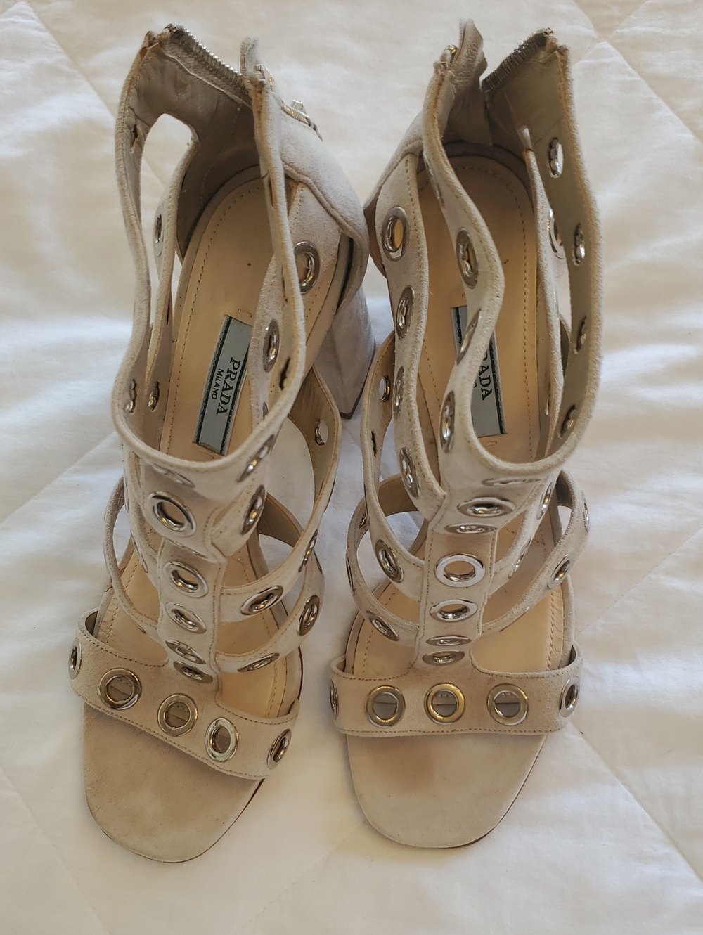 Prada Beige Suede Grommet Strappy Heels
